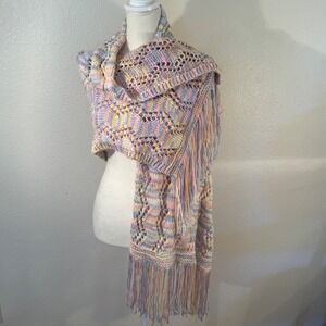 Multicolor Handmade Knit Pastel Shawl Scarf Wrap with Fringe
